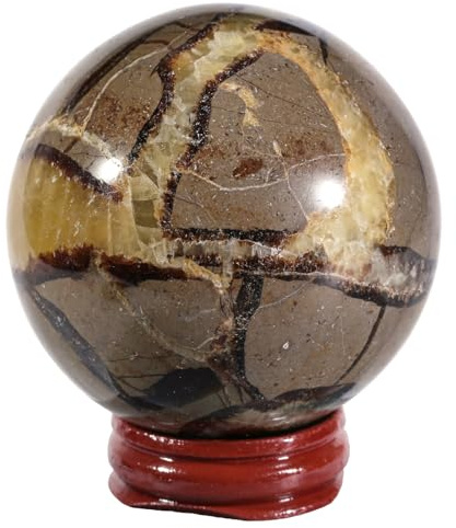 Nupuyai Natural Septarian Dragon Stone Ball with Wooden Stand, Geode Crystal Stone Sphere Feng Shui Office Home Decor Meditation Crystal Ball, 61-70mm