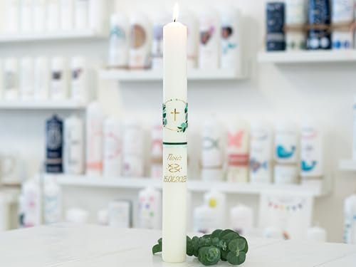 meinkerzenshop Kommunionkerze Nour personalisiert mit Name und Datum, individuell und mit Echtwachs handverziert für Junge und Mädchen