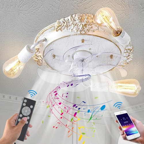 KZT Leise Deckenventilator mit Beleuchtung und Fernbedienung E27 Retro Deckenleuchte mit Ventilator und Bluetooth Lautsprecher Musik Fan Deckenlampe für Schlafzimmer Wohnzimmer Kinderzimmer Lampen