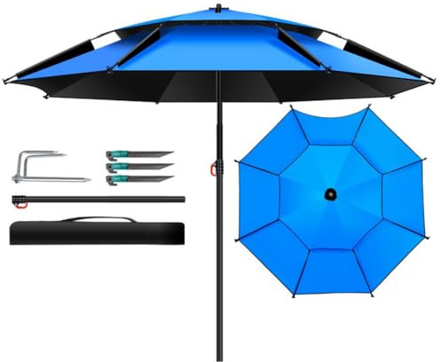 SKINCATE Sonnenschirm Strand Sonnenschutz 240cm, Strandschirm Angelschirm Im Freien, UV-Schutz Windschutz, Regenschirm 360° Drehbar Für Picknick, Angeln, Ø 180-260cm (Color : Blue-Black, Size : 180c