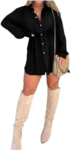Buobiy Satin Covered Nights Romper Dress, Satin Dress Set, Casual Button Shirt Dress Shorts Set, Casual Button V Neck Long Sleeve Casual Stylish Dress (UK, Alpha, M, Regular, Regular, Black)