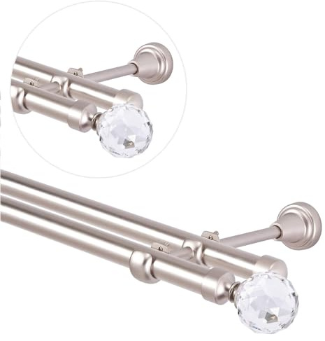 Bastone per tende da 320 cm, per montaggio a parete, 19 mm, 2 vie, cromato opaco, set di bastoni per tende con sfera di cristallo