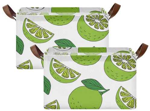 Yuiboo Shelf Baskets Green Limes White Large Collapsible Fabric Storage Bin with Handles Large Closet Storage Organizers for Bedroom, Living Room, Bathroom, Shelves 1 Pack