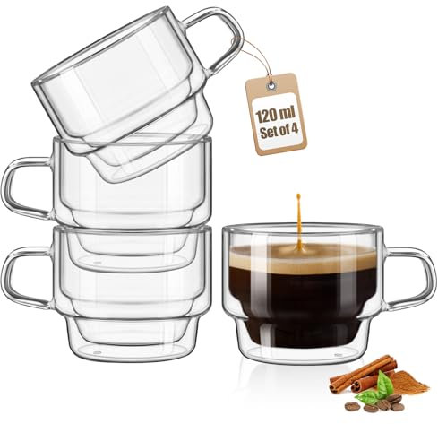 glastal 120ml Impilabile Tazza da Caffè in Doppio Vetro Tazzine Caffe Vetro Set di 4 Bicchieri Espresso Doppia Parete con Manico per Tè, Latte, Regalo di Compleanno per un Amico dei Genitori