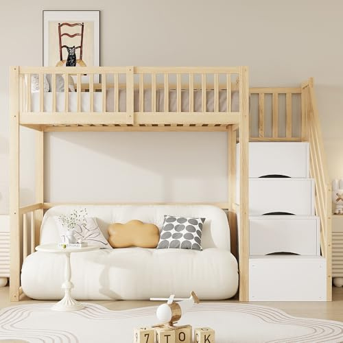 Hochbett 90x200, Etagenbett mit Treppe, Kinderbetten Stauraumbett Einzelbett Bettgestell aus Kiefernholz, Multifunktionsbett Stockbett Jugendhochbett mit Rausfallschutz und Lattenrost, ohne Matratze