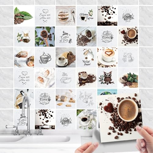 36 Stück Fliesenaufkleber Küche Selbstklebende - Küchenrückwand Fliesenfolie PVC mit Kaffee Spruch - Wasserdicht Ölfest Fliesensticker für Wand-fliesen Schrank Dekorative (Kaffee weiß, 15x15cm)