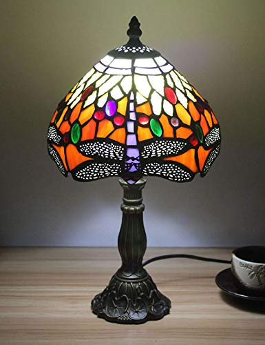 Faucet 8-inch European Vintage Stained Glass Orange Dragonfly and Pearl Warm Coloured Series Table lamp Desk lamp Bedside Light water-tap
