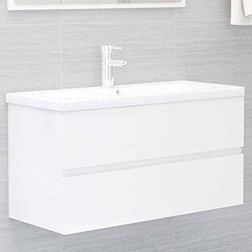 Modernes Badezimmer-Waschtisch-Set, Hochglanz, weiß, Waschbeckenschrank, 90 x 38,5 x 45 cm, Holzwerkstoff, stilvolle Möbelsets