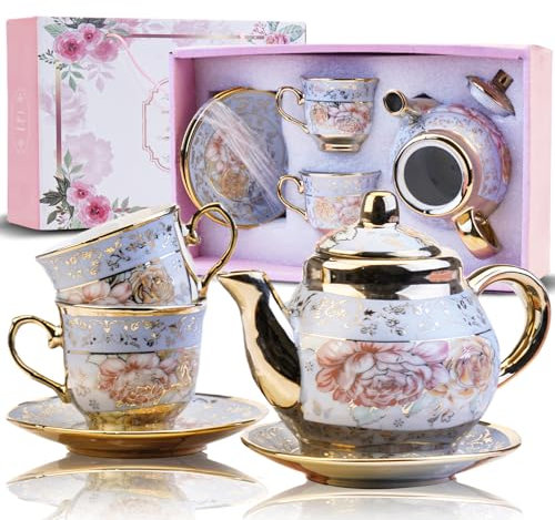 LUCYLANKER Set da Tè in Ceramica in Stile Europeo, Comprendente 1 Teiera, 2 Tazze da Tè, 2 Vassoi da Tè, Set da Tè in Stile Europeo Unico per Gli Amanti Del Tè E Le Famiglie (Stile 1)