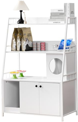 Katzenklo Schrank, Katzenschrank mit 3 Ablageflächen, Hop in Katzenklo & Katzenhaus mit Ladestation, 135x90x50CM Katzenschrank für Schlafzimmer, Wohnzimmer, Eingangshalle (Weiß)