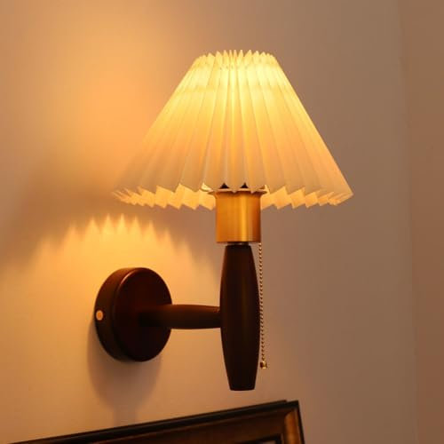 LOGT Holz Wandlampe Mit Schalter Innen Retro Wandleuchten Messing Nachttischlampe Acryl Lampenschirm Bettlampe Vintage Design Wandbeleuchtung Zugschalter Antik Beleuchtung Lichter 1 Flammig