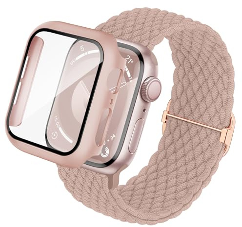 Raradev 3-en-1 Compatible avec Bracelets Apple Watch 40/41/42/44/45/46mm avec Coque et Protection Écran, Ressort Élastique Tissé et Étui de Protection pour iWatch Série SE3 11 10 9 8 7 6 5 4