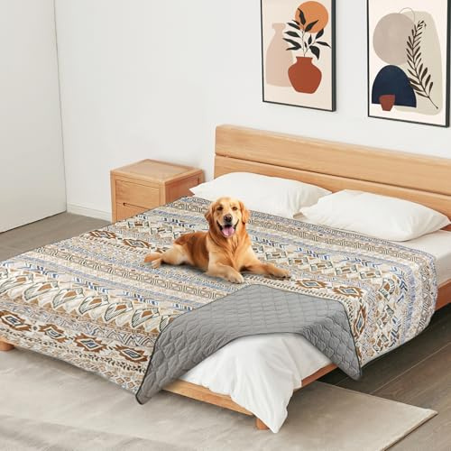 YOSEPATI 100% dubbelsidig vattentät hundfilt, bohemiskt hundbäddsskydd, husdjursfilt, soffmöbelskydd för valpkattbarn (Beige Medallion, 208×173 cm)
