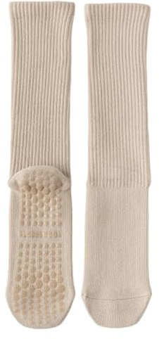 MSLSOZ Calcetines de yoga con agarre, calcetines largos de algodón para mujeres y hombres con agarres, calcetines de yoga sólidos antideslizantes para pilates, baile, ballet, fitness (talla única