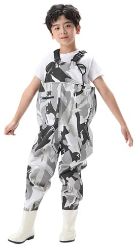 Kinderwathose Wathose für Jungen Mädchen Reißverschlusstasche und Verstellbare Träger Matschhose Anglerhose mit Stiefel Junior Hosenträger Matschhose Regenstiefel rutschfeste Sohle Gummistiefel