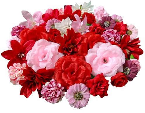 42 Stück Kunstblumen zum Basteln Künstliche Blumenköpfe 3~8cm, Mini Deko Blumen Künstlich Mini Seidenblumen für DIY-Bastelarbeiten Hochzeitsdeko Tortendeko und Scrapbooking (Rosa + Rot)