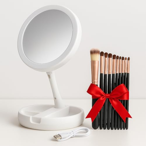 ONEZOR Espejo Maquillaje con Aumento x1/x10 y Set 20 brochas Profesionales - Espejo con Iluminación Led para Rutina Facial - Espejo 360º Giratorio - Brochas de Maquillaje de Regalo
