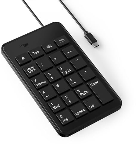 CBUS Wired USB-C Numeric Keypad for Laptop, 23 Keys Numpad Keyboard with Tab, Home, Email & Calculator Keys, 5ft Cable, Small and Lightweight Design
