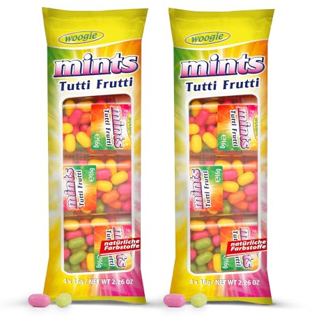 Woogie Mints Tutti Frutti 2er Pack Süßigkeiten 2x4 Dosen à 16g | Erfrischend fruchtige Zuckerdragees im praktischen Mini-Format, Büro & Auto, Intensiver Fruchtgeschmack für frischen Atem