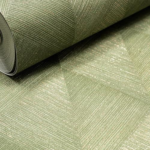 SOPHIE LAURENCE Sage Green & Gold Geometric Metallic Wallpaper – Shimmer Textured Vinyl Roll, Easy-Apply & Washable 10m x 0.53m Size