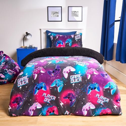 OHS Single Fleece Bedding Set, Super Soft Warm Fleece Fabric Stylish Gaming Print Boys Single Duvet Cover Set Comfy Reversible Kids Bedding with Pillowcase, Neon