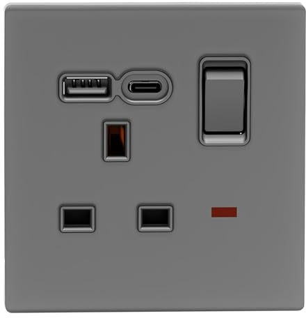 Single Plug Socket with USB A and USB C Port Single Switched Wall Power Socket Wall Electrical Outlet Plug Sockets Single Switched Socket UK Standard Electric Power Sockets for Phone Tablet Charging