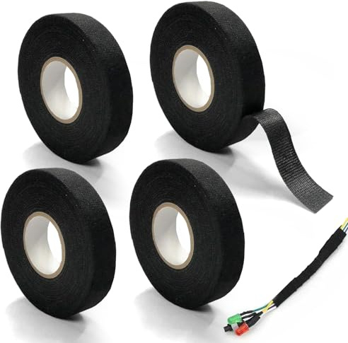 Modurio 4 Stück Gewebeband Schwarz, 15mx19mm Textilklebeband, Kabel Isolierband,Baumwolle Klebeband, Kabelbaum Filzband, Selbstklebend Tuch Gewebeband für Auto Kabel Befestigt Haushalt Kfz Motorrad