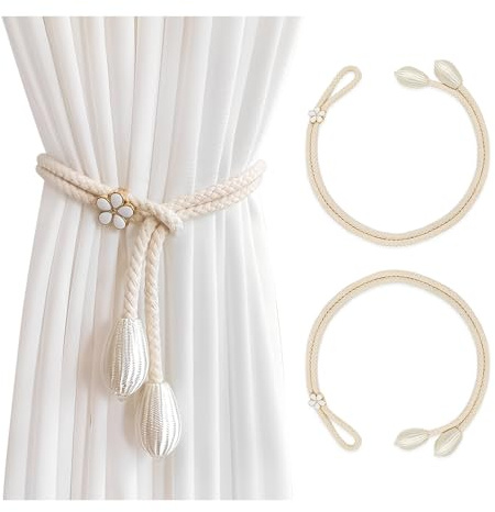 HMCEY Lot de 2 Embrasses de Rideaux Beige,Attache Rideau Bohème,Embrasse Rideau Corde,Holder Curtain Tiebacks,Supports à Rideaux Coton,Boucle à Tricot Rideauxs Accessoires pour Maison, Bureau