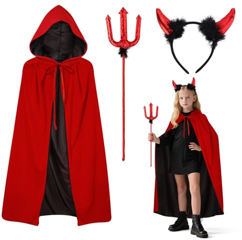 PAPU Deguisement Halloween Enfant Diable,Ensemble de Carnaval 90/120 cm,Cape Double Face Cornes et Bâton,Cape Rouge et Noire Demon Deguisement pour Carnaval Costumes Accessoires Diable Fête Cosplay