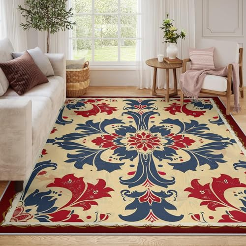 UERWOWELL Rote und Blaue Teppiche 120x180cm Traditionelle Blumen mit niedrigem Flor Fußmatten Vintage Orientteppich Wohnzimmer Arbeitszimmer Eingangsbereich Dekor Maschinenwäsche
