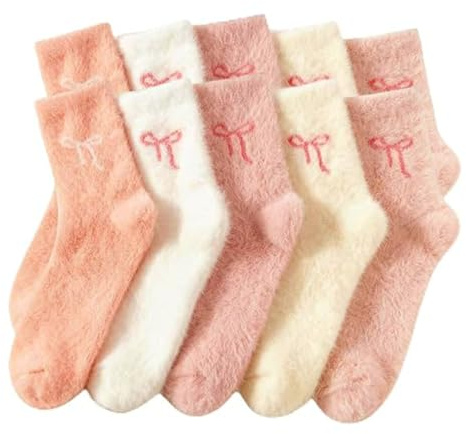 5 Pairs Fluffy Womens Ladies Socks, Bow Pink Comfortable Home Thick Furry Sock, Thermal Socks Ladies, Soft Sleep Socks for Use in Cold Winter, to Family, Friends Sisters Wives and Colleagues