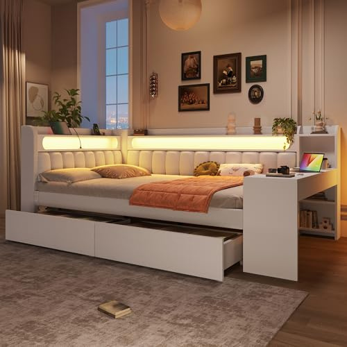ZIDEY Polsterbett Ausziehbar Schlafsofa 140x200 mit LED, USB-Anschlüssen,Schreibtisch, Tagesbett mit Lattenrost und 2 Schubladen, Sofabett Funktionsbett Daybett, ohne Matratze, Weiß