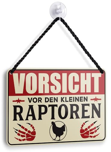 Blechschild VORSICHT VOR DEN KLEINEN RAPTOREN 18x12cm - Lustiges Hühner Warnschild - Vintage Metallschild mit Kordel & Saugnapf - Bauernhof Deko - Geschenk für Hühnerhalter