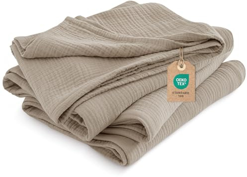 PHF 100% Baumwolle Musselin Decke 130x150cm, 4-lagige weiche hautfreundliche & atmungsaktive Tagesdecke, Ganzjahres-Komfort Taupe Sofaüberwurf Couchdecke für Bett Sofa, Taupe