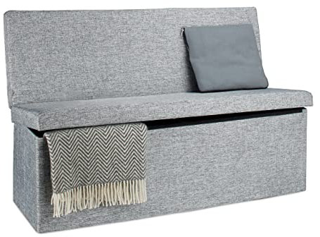 Relaxdays Faltbarer Sitzhocker mit Lehne XL HBT 73 x 114 x 38 cm stabiler Sitzcube als Fußablage Sitzbank und Sitzwürfel aus Leinen als Aufbewahrungsbox mit Stauraum mit Deckel für Wohnraum, grau