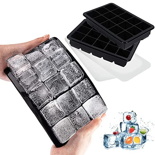 LessMo 2 Pezzi Vassoio per Cubetti, Ghiaccio in Silicone Grande con Coperchio, Salvaspazio e Impilabile, Vassoi per Cubetti di Ghiaccio Certificati LFGB e Senza BPA per Pappe e Bevande 1-nero