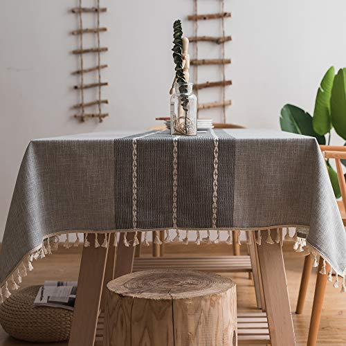 Plenmor Heavy Weight Cotton Linen Tablecloth Dust-Proof Tassel Table Cloth Cover for Kitchen Dinning Farmhouse Tabletop Decoration (140x300 cm, A-Grey)