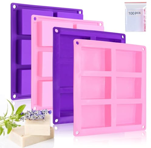 Bangp 4 Stück rechteckige Silikon-Seifenformen, 6 Mulden, handgefertigte Seifenherstellung, mit 100 Stück 8.9x12.7 cm (lila und rosa, 4 Stück)