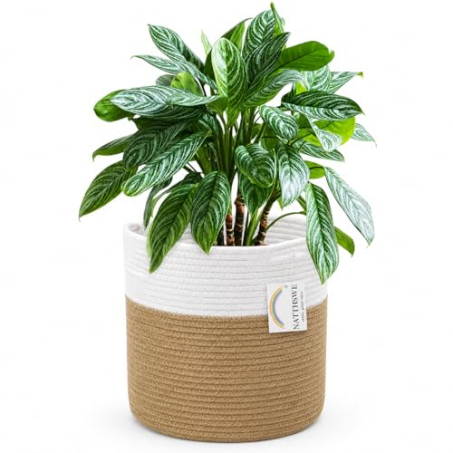 NATTHSWE Cesta de Plantas con Forro, Macetas de Interior Tejidas para Macetas de 28cm de Cuerda de Algodón Yute para Decoración de Macetas Plegables Cesta de Lavandería