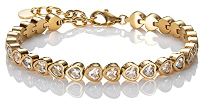 namana Pulsera de tenis de corazón para mujer, pulsera de acero inoxidable con cristales Swarovski en forma de corazón, 18 cm, Dorado