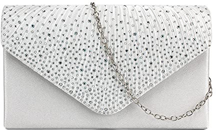 MEGAUK Damen Glitzer Clutch Satin Strass Unterarmtasche mit Abnehmbare Kette für Hochzeit Wedding Ball Bankett Prom Party, Weiß