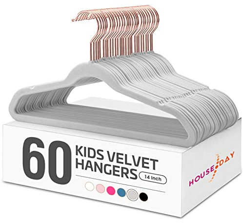 HOUSE DAY Velvet Kids Hangers 60 Pack, Premium Childrens Hangers for Closet, Ultra Thin Cute Hangers Kids Clothes Hanger, Non Slip Kids Felt Hangers 14 Inch, Small Hangers for Kids Clothes, Grey