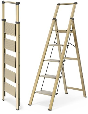 WOA WOA 5 Step Ladder, Ladders for Home, Anti-Slip Pedals, Aluminum Step Stool Foldable, Lightweight to Move, Ease of Storage, Reach 10ft for Closet Kitchen Library, Hold 300lbs - Gold