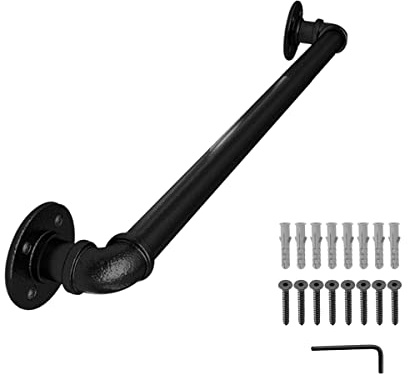FSHIHINE Handrails for Stairs, 55cm Stair Handrail for Indoor & Outdoor Wall Mount Banister Staircase Balustrades Railing Support Industrial Galvanized Black Metal Pipe Stair Handrails with Screws