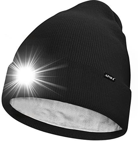 ATNKE LED Mütze mit Licht,Wiederaufladbare USB 4 LED Beleuchtete Laufmütze Extrem Heller Lampe Winter Warme Gefüttertes Fleece Stricken Mütze für Herren und Damen Geschenke/Black
