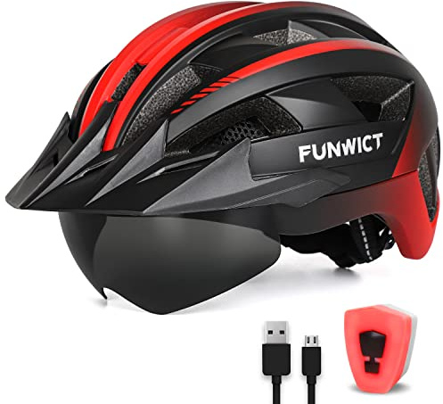 FUNWICT Casque Velo Homme Femme avec Visiere et Lunettes, Casque Vélo Casques VTT avec Feu Arrière à LED Rechargeable, Casque Cyclisme pour Adulte et Adolescent (XL: 59-63 cm, Noir et Rouge)