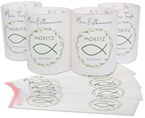 Windlichthüllen Konfirmation personalisiert, 4 Kerzenhüllen aus Transparentpapier, Dekoration für Erstkommunion mit Namen, Teelicht-hüllen Tischdeko Kommunion Fisch