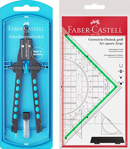 Faber-Castell 174340 - Schnellverstell Zirkel, Factory, blau mit original Geodreieck 20cm (mit Griff)