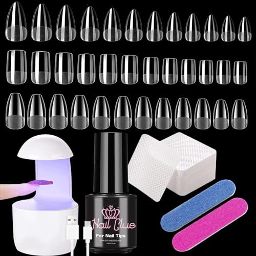 Capsule Americaine Ongle Kit, 504 Pièces Semi Givré Capsules avec 2 pcs limes à ongles, 6 en 1 Colle Faux Ongles,Mini UV Lampe et 50 pcs pads (Short Carré& Almond&Cercueil)