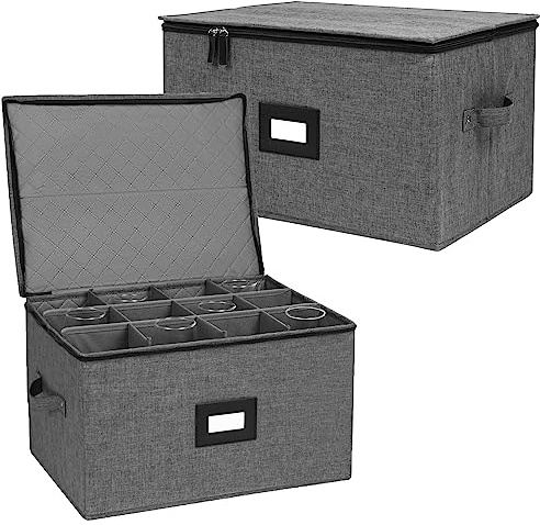 Wine Glass Storage Box 2 Pack, Hard Top Stemware Storage Cases Containers , Stackable Crystal Glass Storage Containers for 24 Glassware Drinkware, with Handles for Moving/Home, 17x13x10 Black